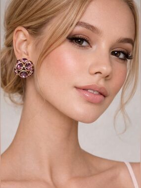 Mango Gold-Tone Pink Crystal Cluster Stud Earrings